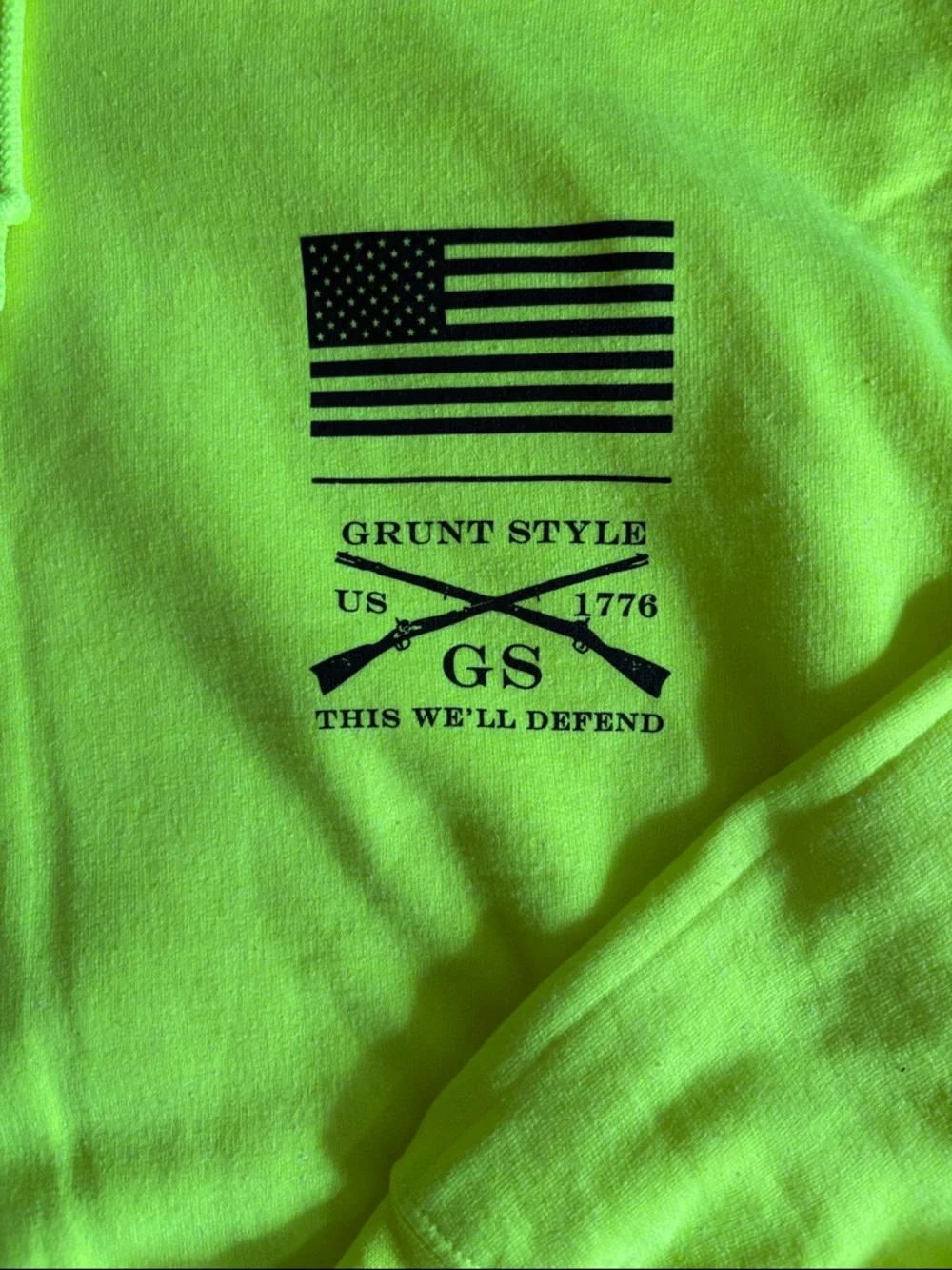 Grunt Style Men's Neon Yellow Crewneck Hoodie with Small Chest Flag - - Picture 2 of 5